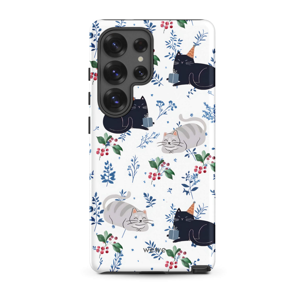 Custom samsung galaxy s25 ultra Phone case with a cute pattern of black and gray cats wearing party hats, cherries, and floral sprigs on a white background.