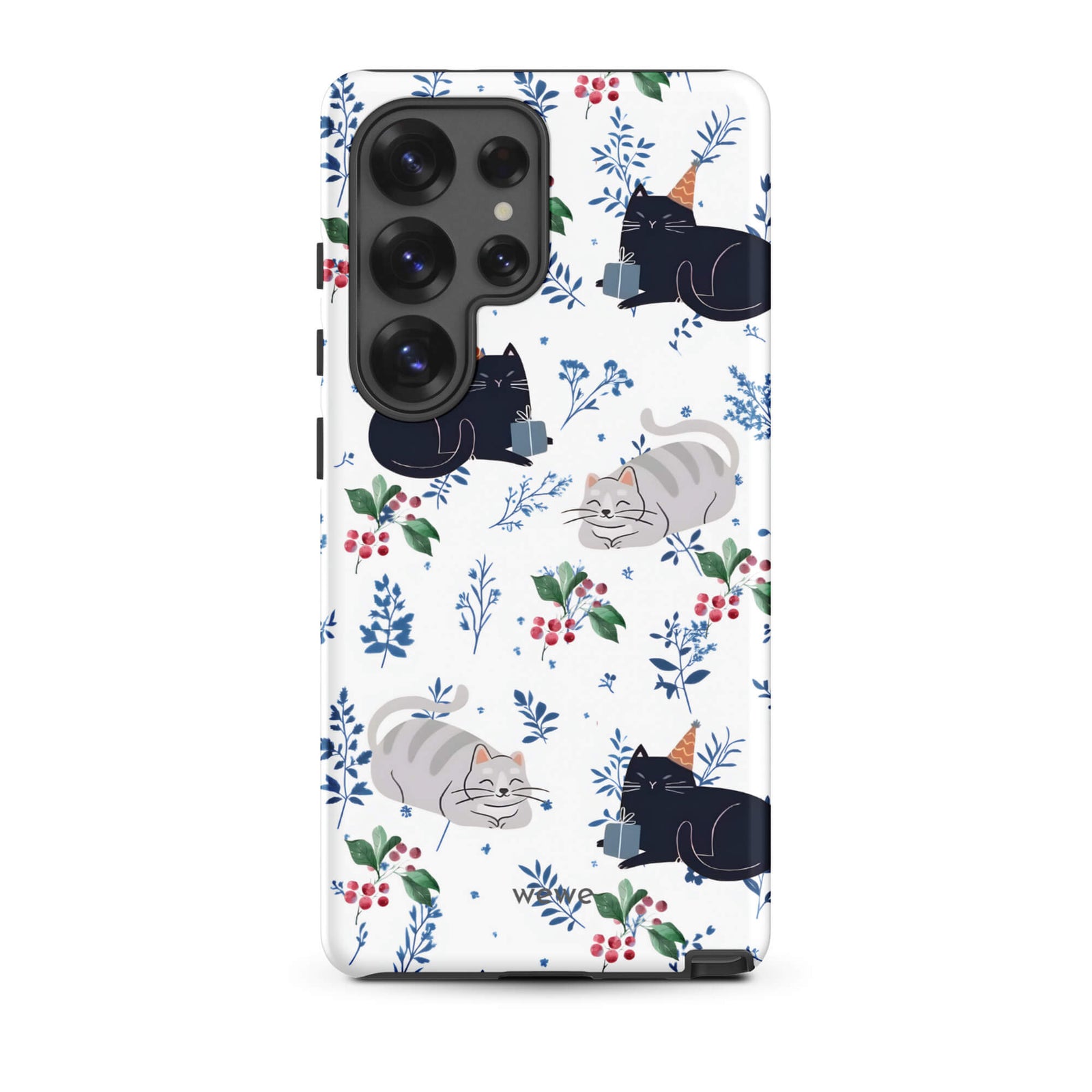 Custom samsung galaxy s25 ultra Phone case with a cute pattern of black and gray cats wearing party hats, cherries, and floral sprigs on a white background.