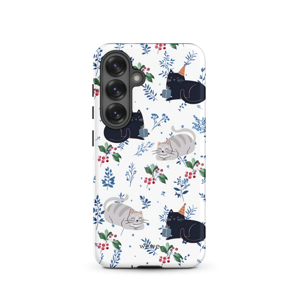 Custom samsung galaxy s25 Phone case with a cute pattern of black and gray cats wearing party hats, cherries, and floral sprigs on a white background.