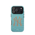 Turquoise crocodile-effect phone case with a large silver rhinestone-style NY monogram