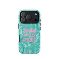 Turquoise crocodile-print phone case with hand-painted pink YOUNG WILD FREE lettering