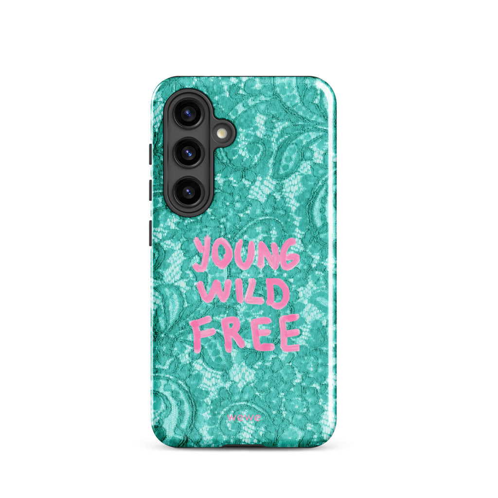 Turquoise crocodile-print phone case with hand-painted pink YOUNG WILD FREE lettering