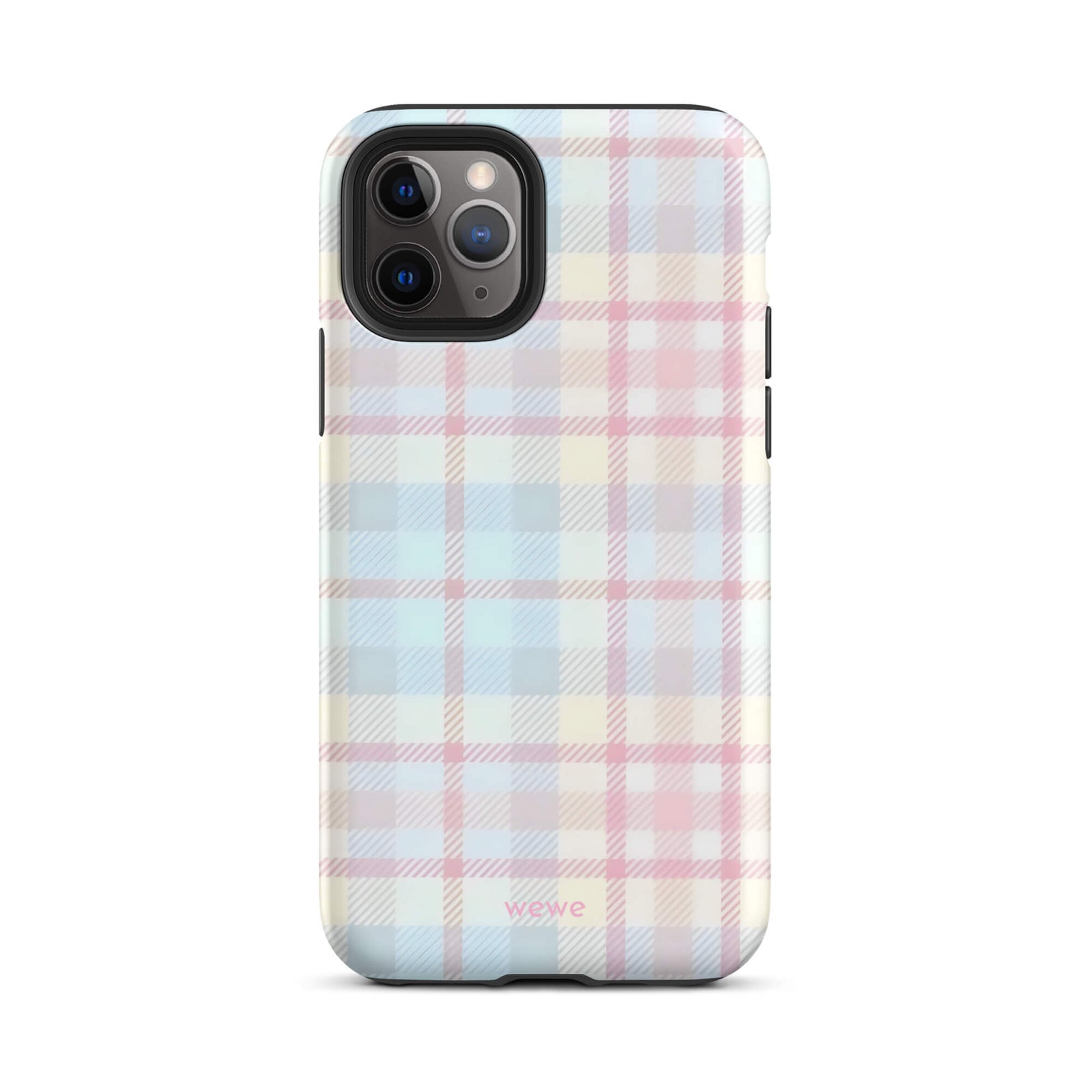 Custom iPhone case 11 pro with a fresh summer vibes, soft pastel plaid pattern in pink, blue, and yellow.