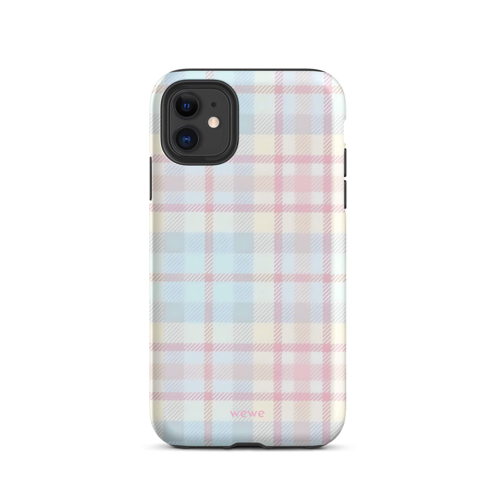 Custom iPhone case 11 with a fresh summer vibes, soft pastel plaid pattern in pink, blue, and yellow.