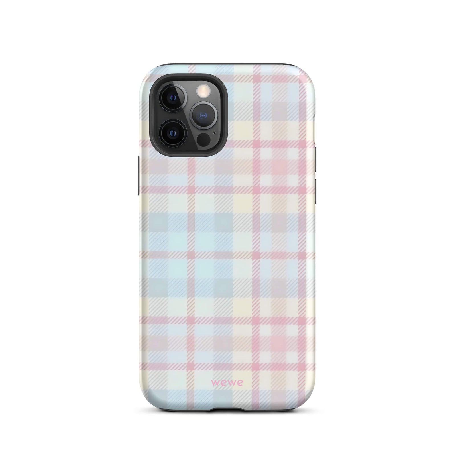 Custom iPhone case 12 pro with a fresh summer vibes, soft pastel plaid pattern in pink, blue, and yellow.