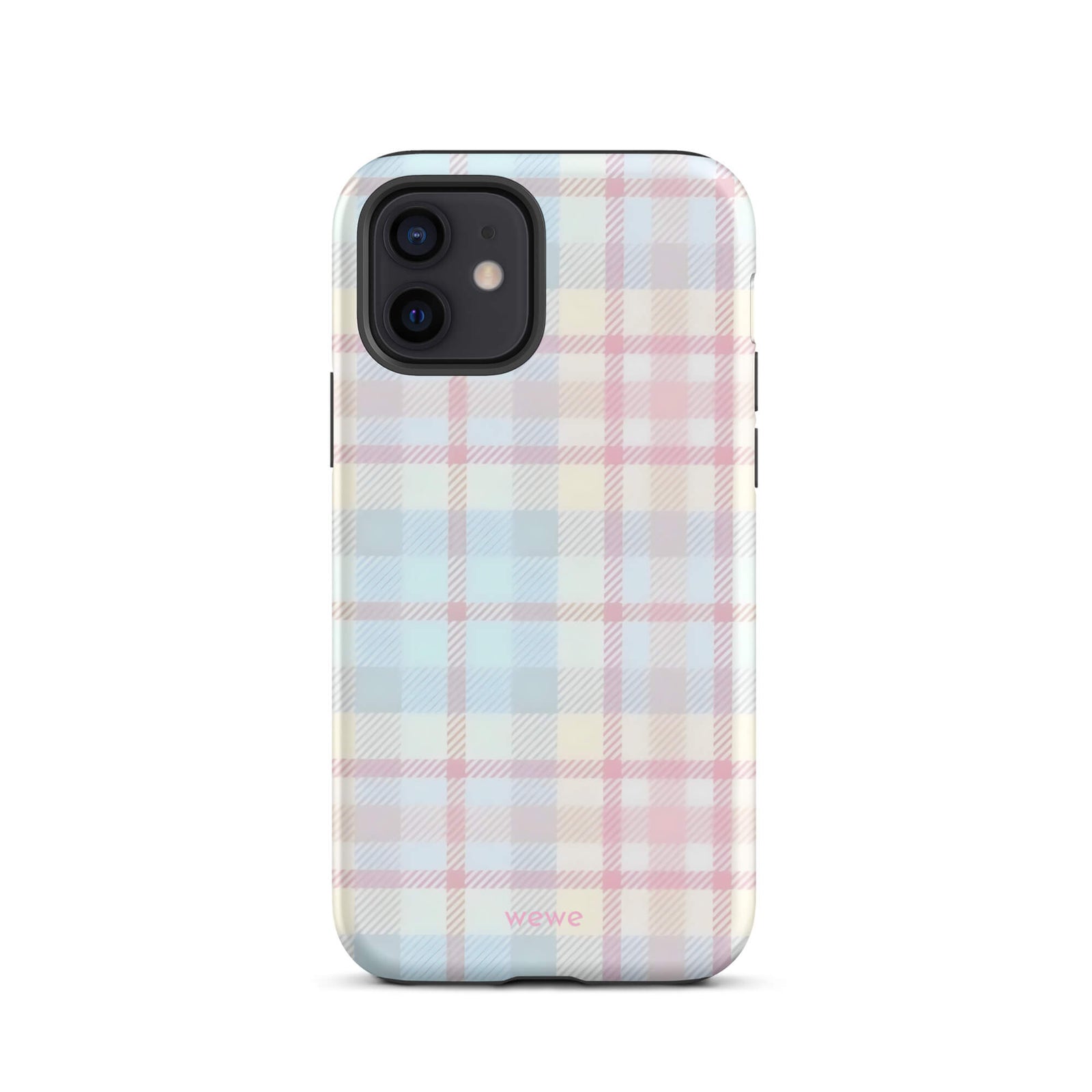 Custom iPhone case 12 with a fresh summer vibes, soft pastel plaid pattern in pink, blue, and yellow.