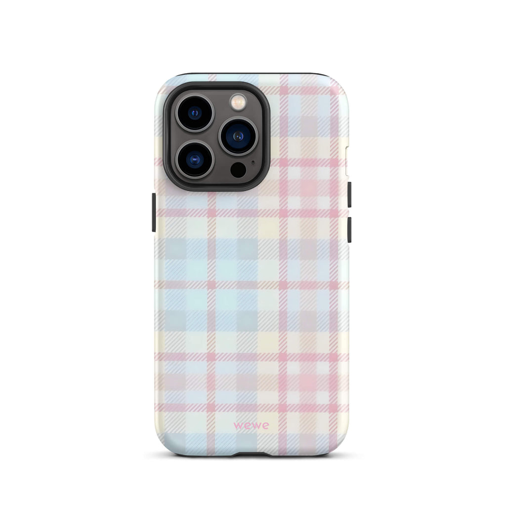 Custom iPhone case 13 pro with a fresh summer vibes, soft pastel plaid pattern in pink, blue, and yellow.