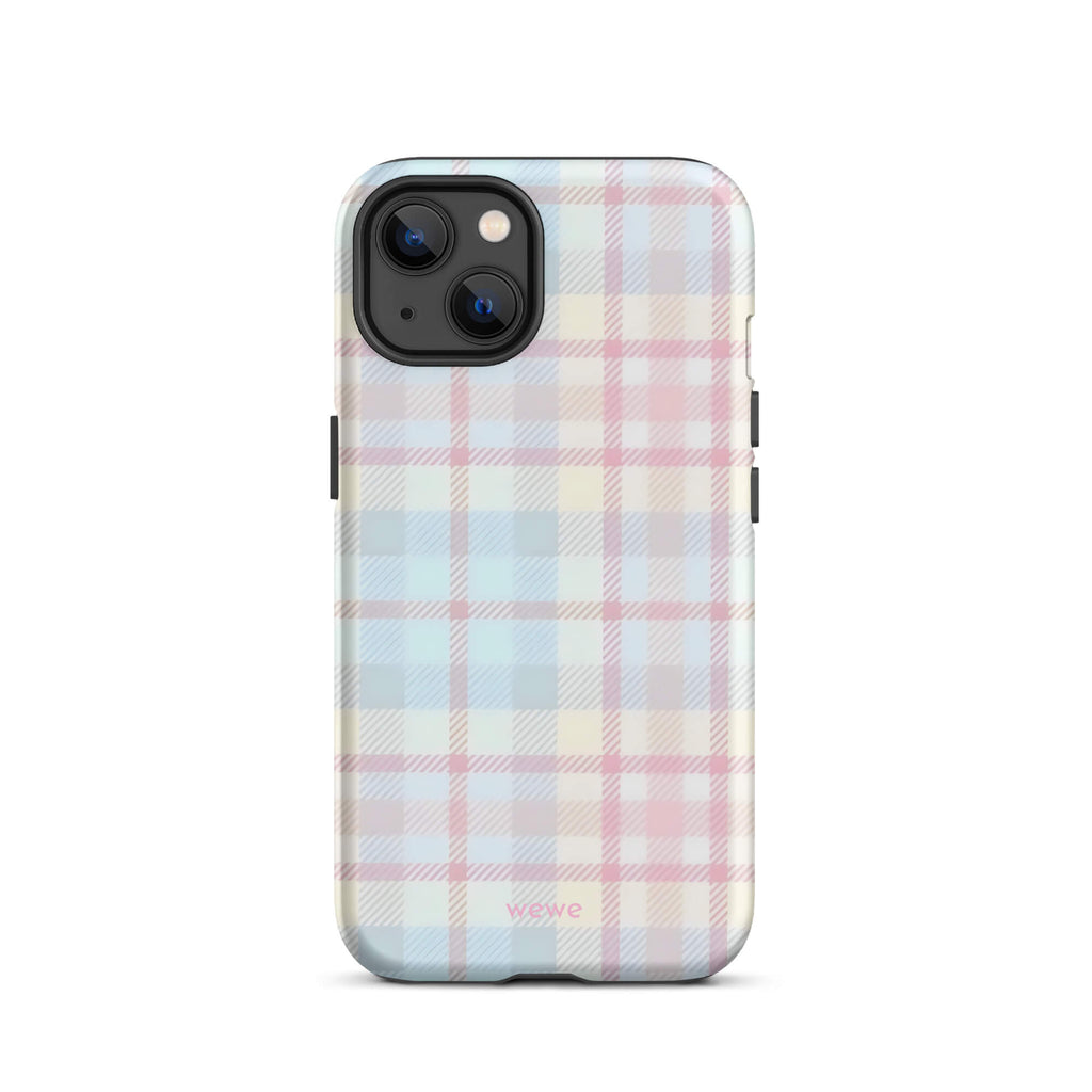 Custom iPhone case 13 with a fresh summer vibes, soft pastel plaid pattern in pink, blue, and yellow.