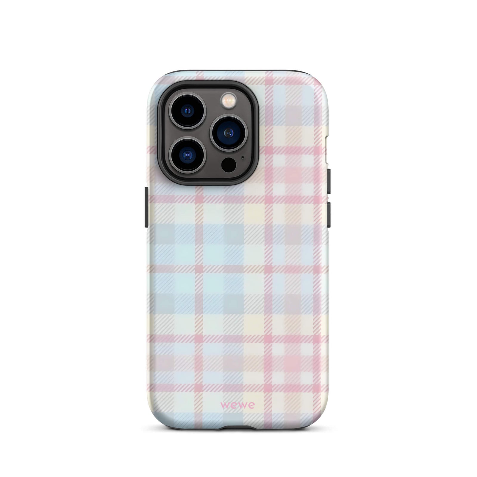 Custom iPhone case 14 pro with a fresh summer vibes, soft pastel plaid pattern in pink, blue, and yellow.