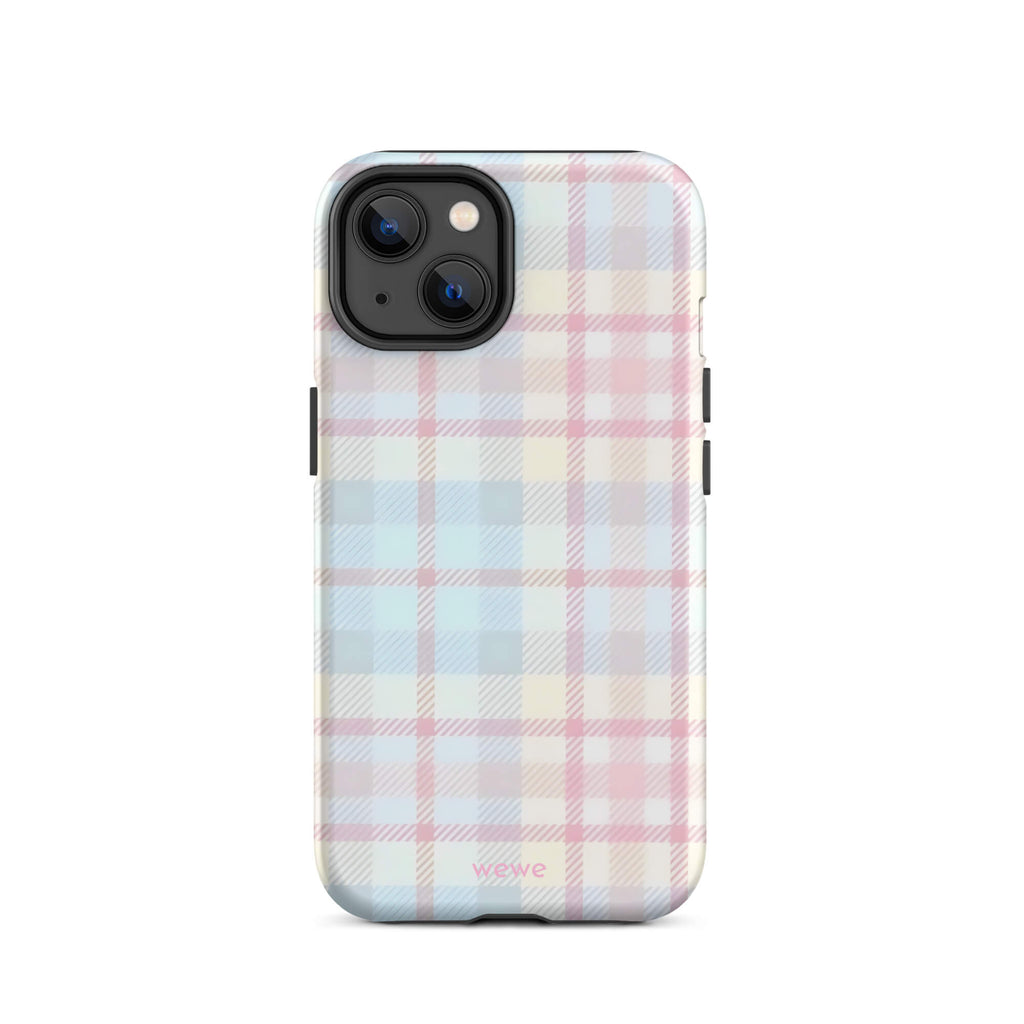 Custom iPhone case 14 with a fresh summer vibes, soft pastel plaid pattern in pink, blue, and yellow.
