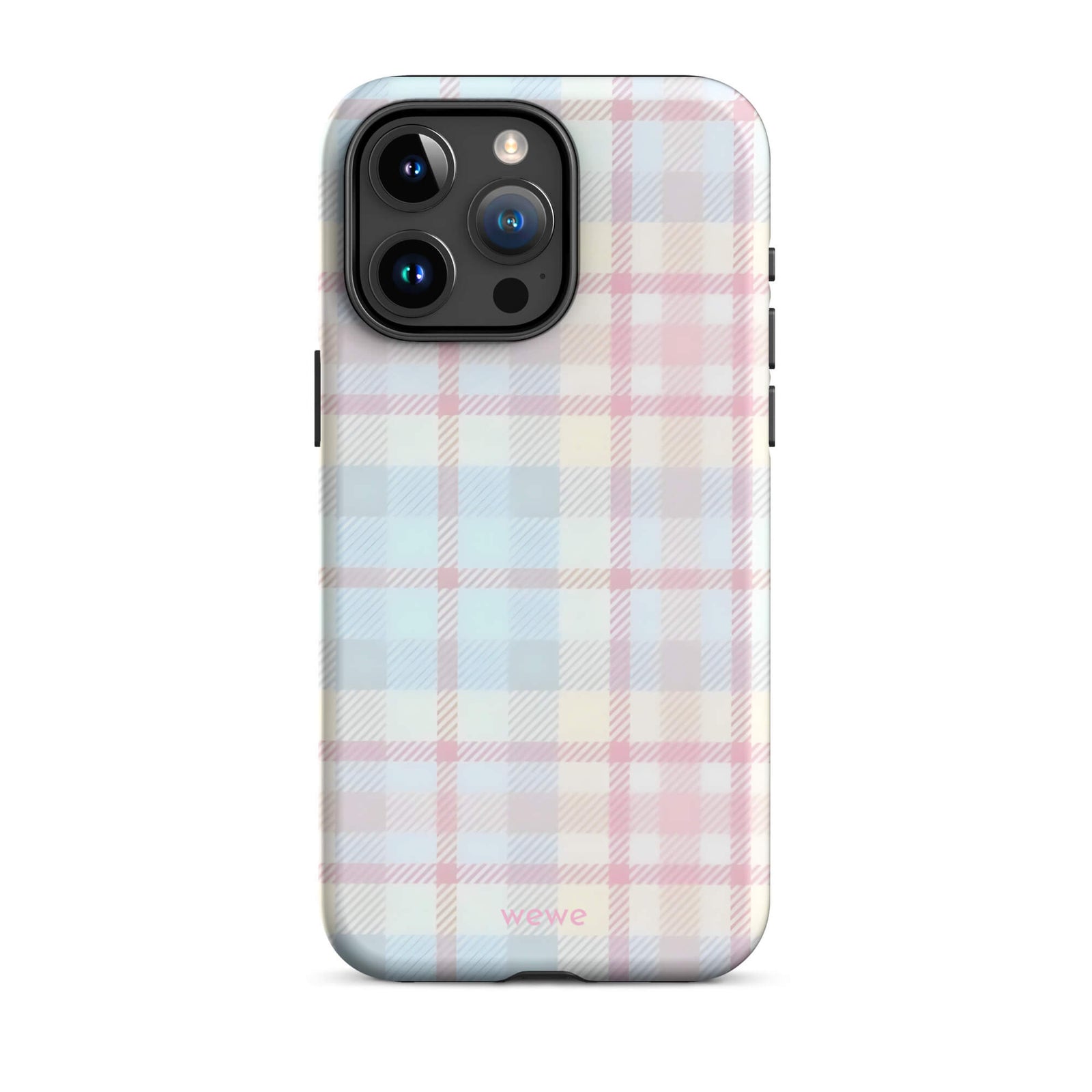 Custom iPhone case 15 pro with a fresh summer vibes, soft pastel plaid pattern in pink, blue, and yellow.