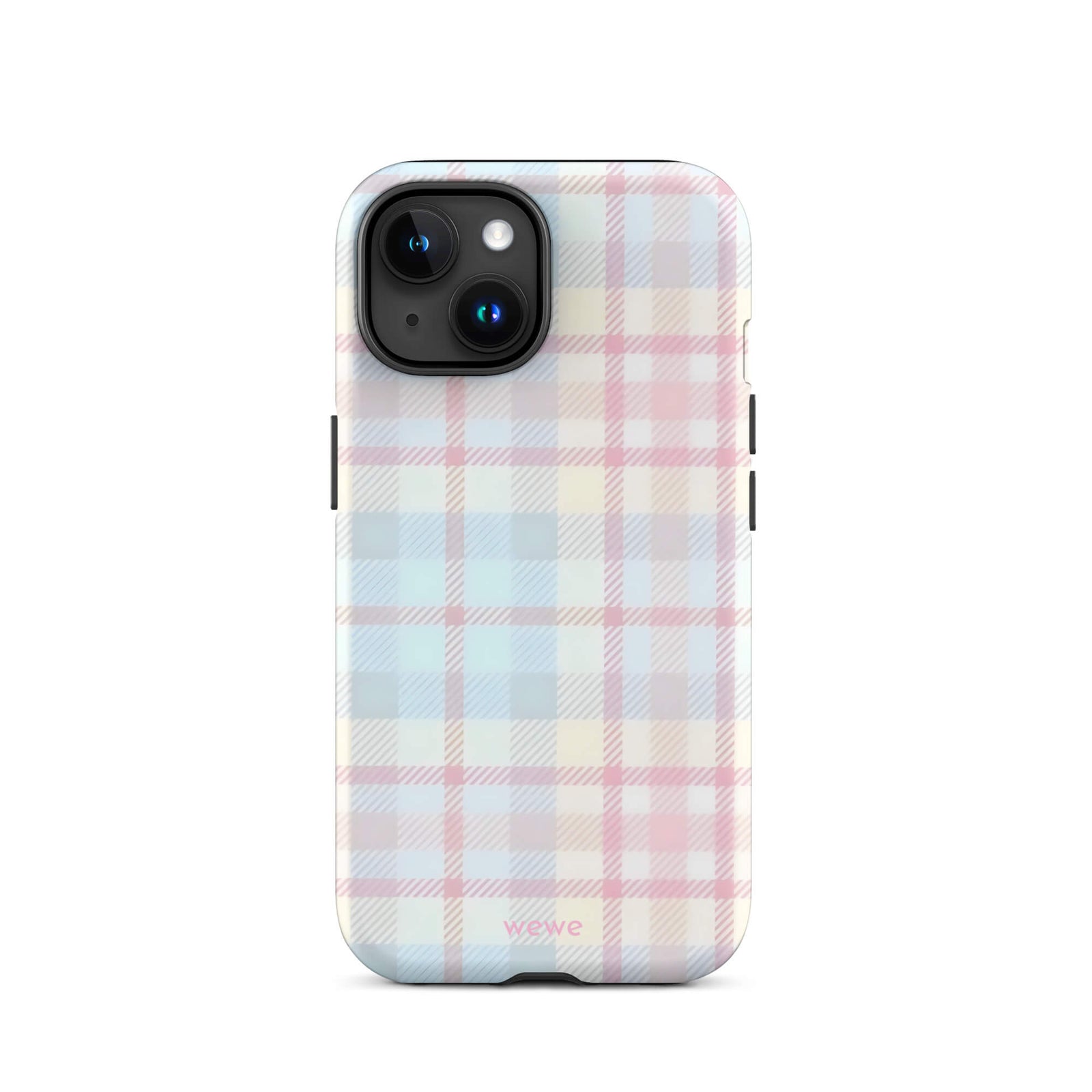 Custom iPhone case 15 with a fresh summer vibes, soft pastel plaid pattern in pink, blue, and yellow.