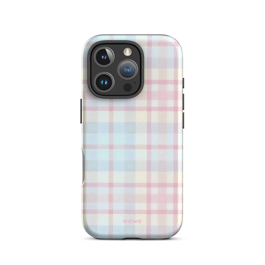 Custom iPhone case 16 pro with a fresh summer vibes, soft pastel plaid pattern in pink, blue, and yellow.
