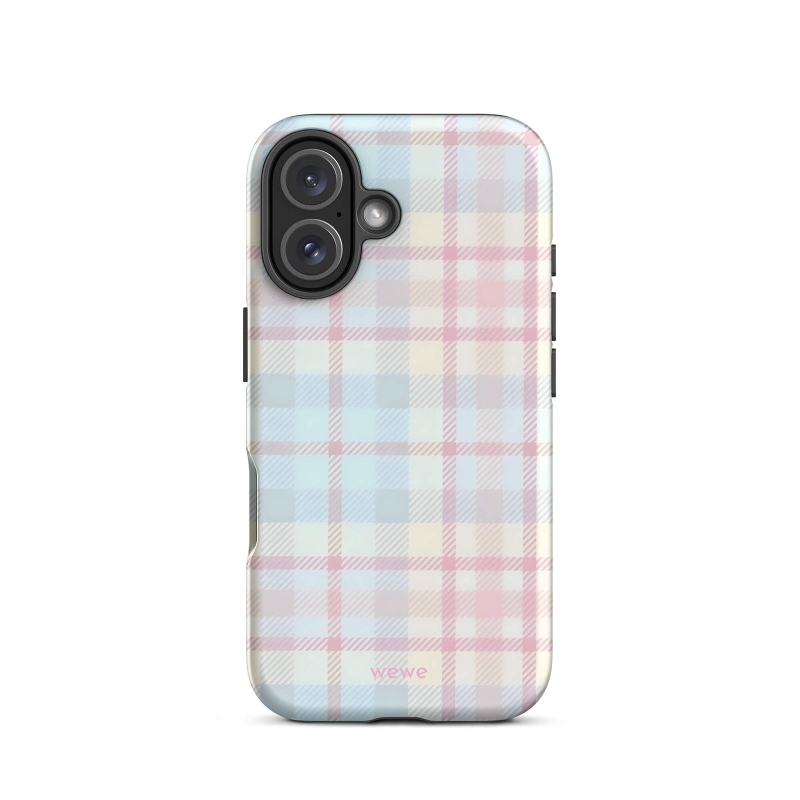 Custom iPhone case 16 with a fresh summer vibes, soft pastel plaid pattern in pink, blue, and yellow.