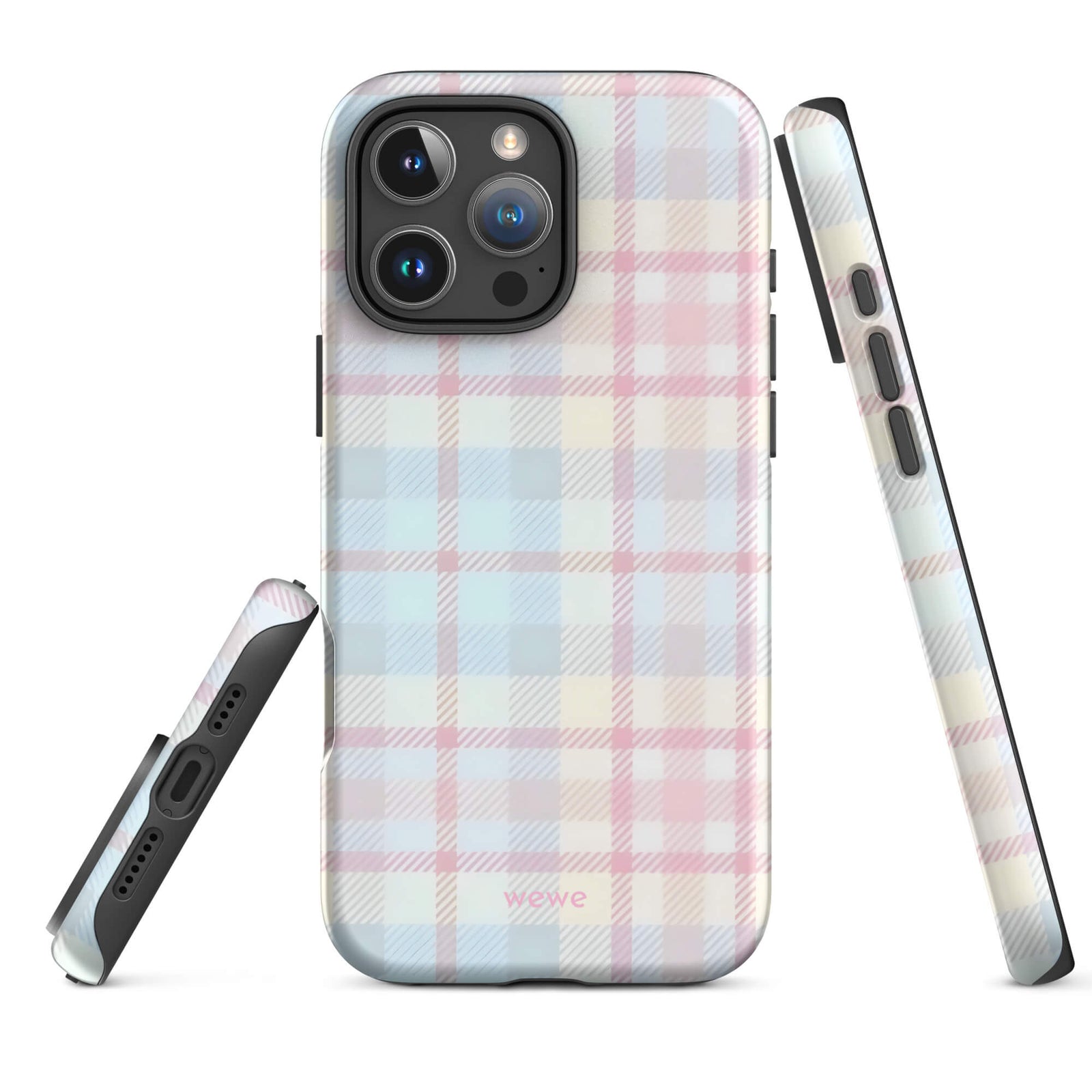 Custom iPhone case 16 pro max with a fresh summer vibes, soft pastel plaid pattern in pink, blue, and yellow.