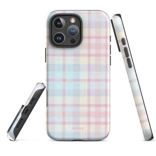 Custom iPhone case 16 pro max with a fresh summer vibes, soft pastel plaid pattern in pink, blue, and yellow.