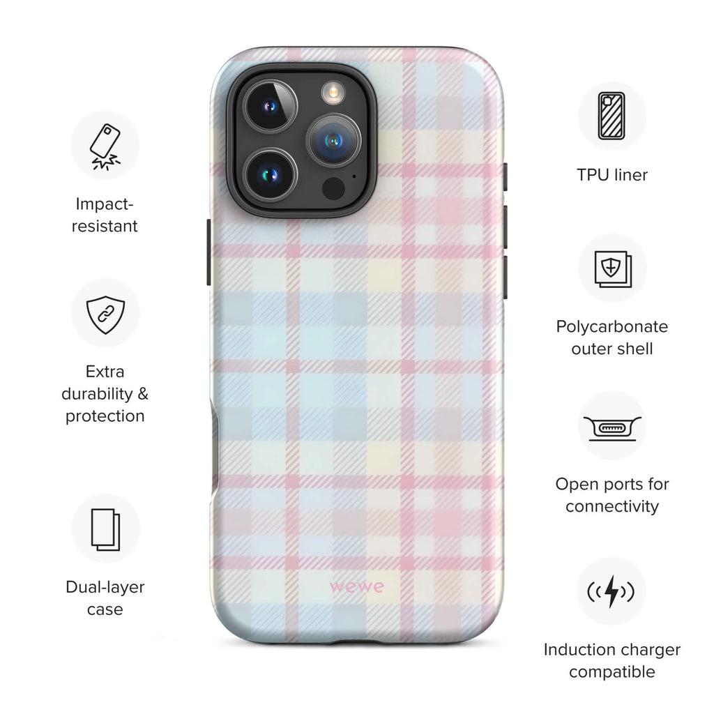 Custom iPhone case 16 pro max with a fresh summer vibes, soft pastel plaid pattern in pink, blue, and yellow.