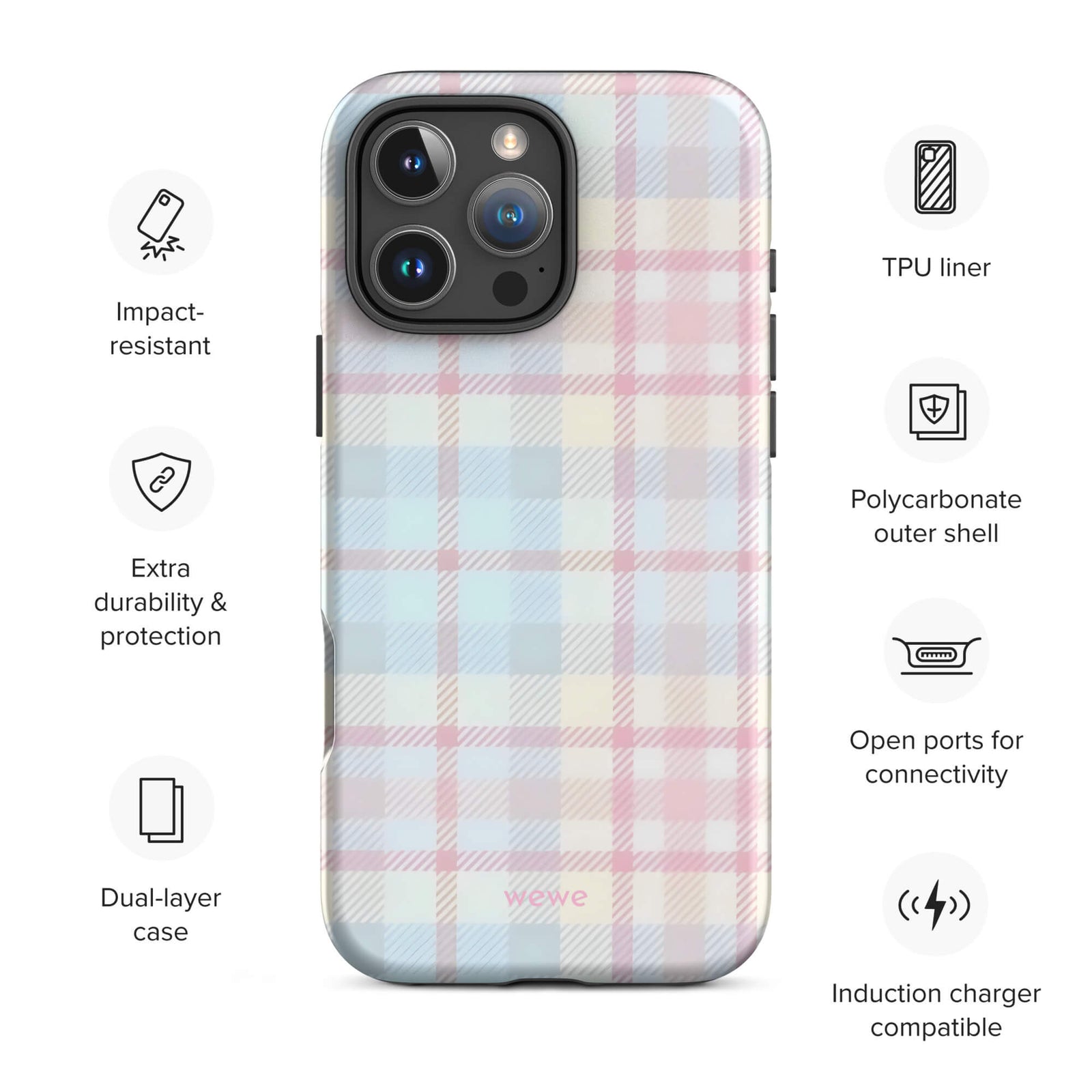 Custom iPhone case 16 pro max with a fresh summer vibes, soft pastel plaid pattern in pink, blue, and yellow.
