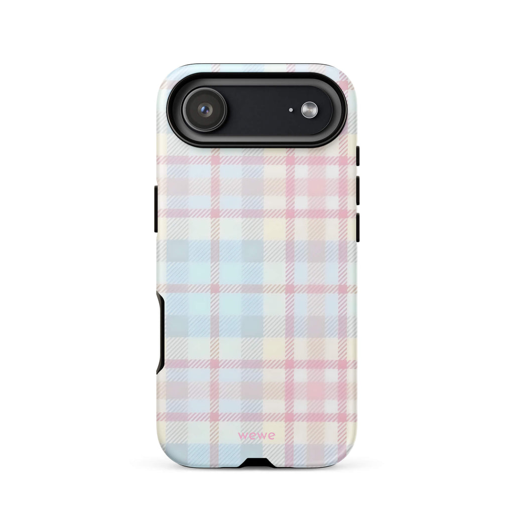 Custom iPhone case 17 air with a fresh summer vibes, soft pastel plaid pattern in pink, blue, and yellow.