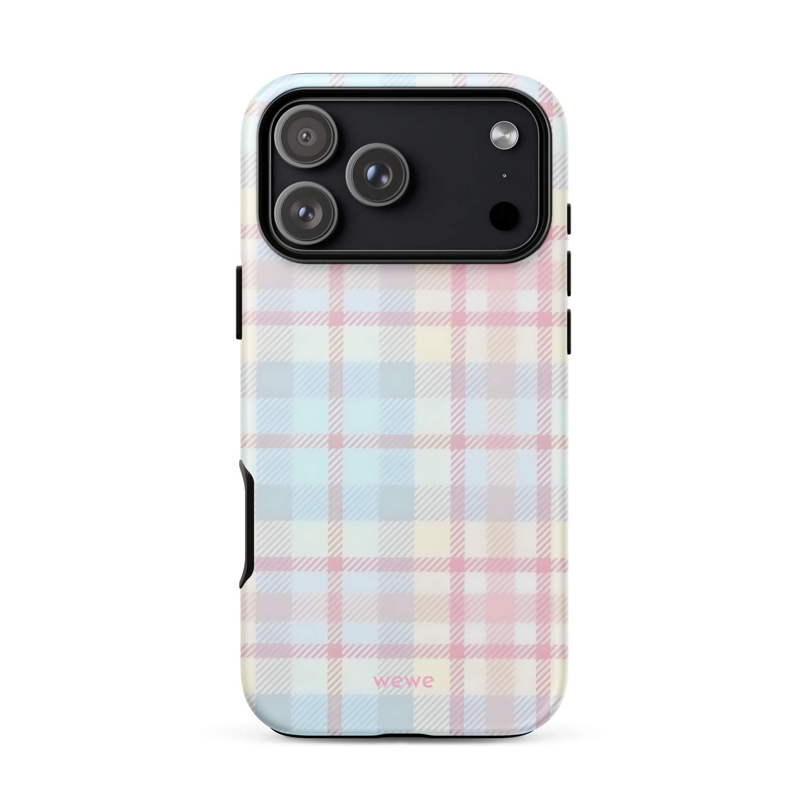 Custom iPhone case 17 pro max with a fresh summer vibes, soft pastel plaid pattern in pink, blue, and yellow.