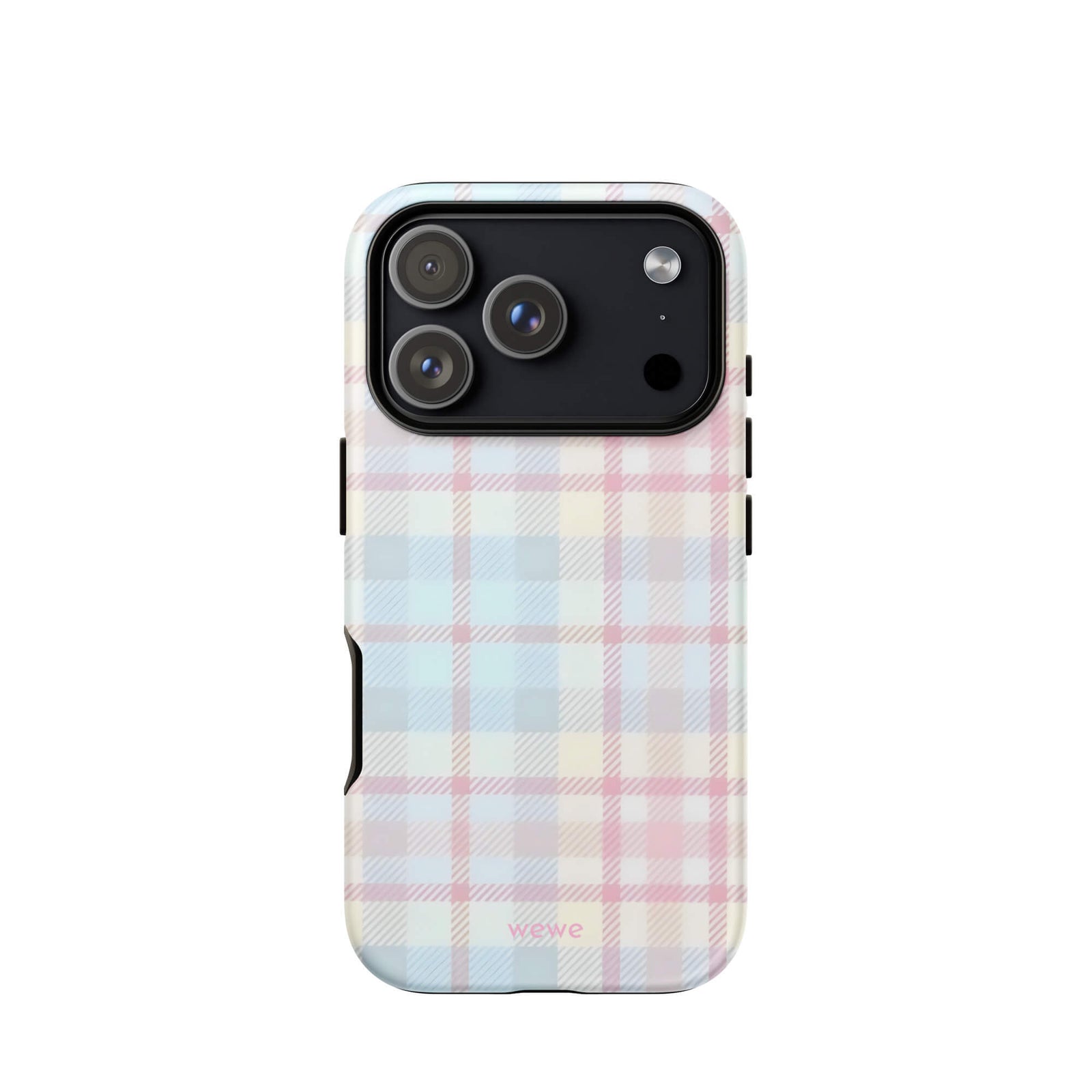 Custom iPhone case 17 pro with a fresh summer vibes, soft pastel plaid pattern in pink, blue, and yellow.
