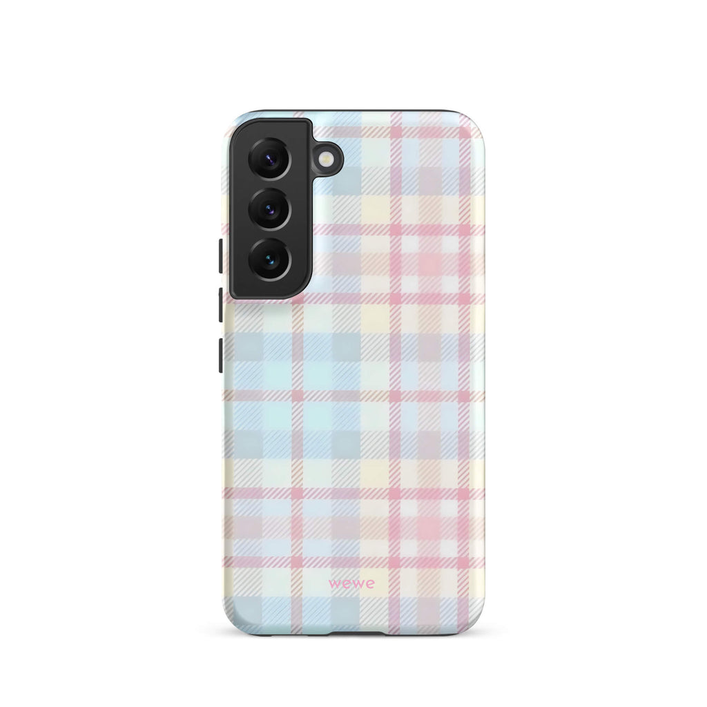 Custom samsung s22 Phone case with a fresh summer vibes, soft pastel plaid pattern in pink, blue, and yellow.