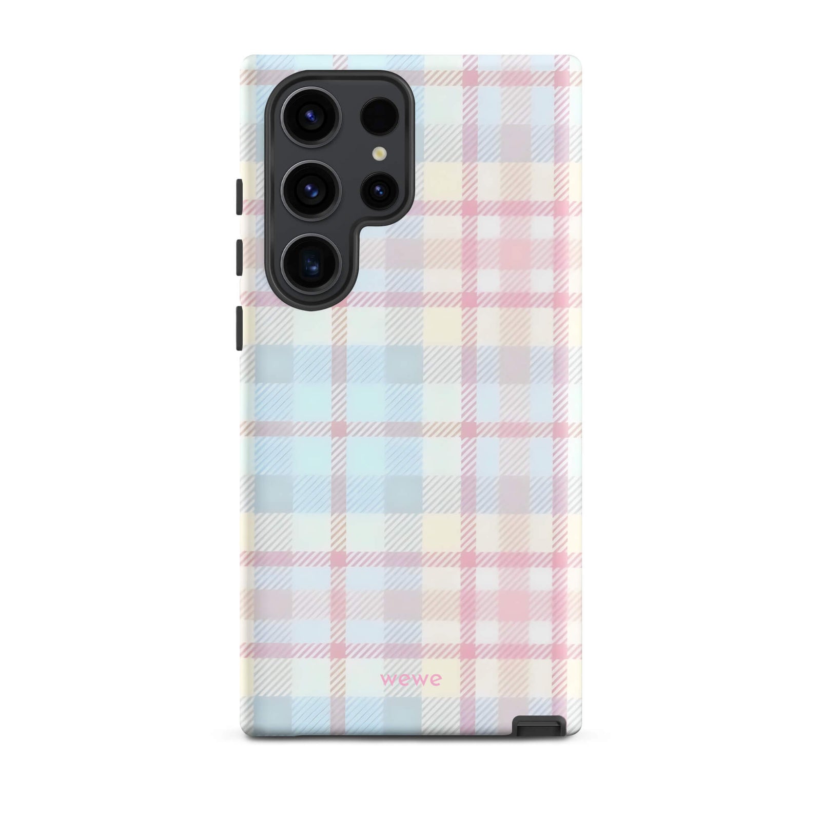 Custom samsung s23 ultra Phone case with a fresh summer vibes, soft pastel plaid pattern in pink, blue, and yellow.