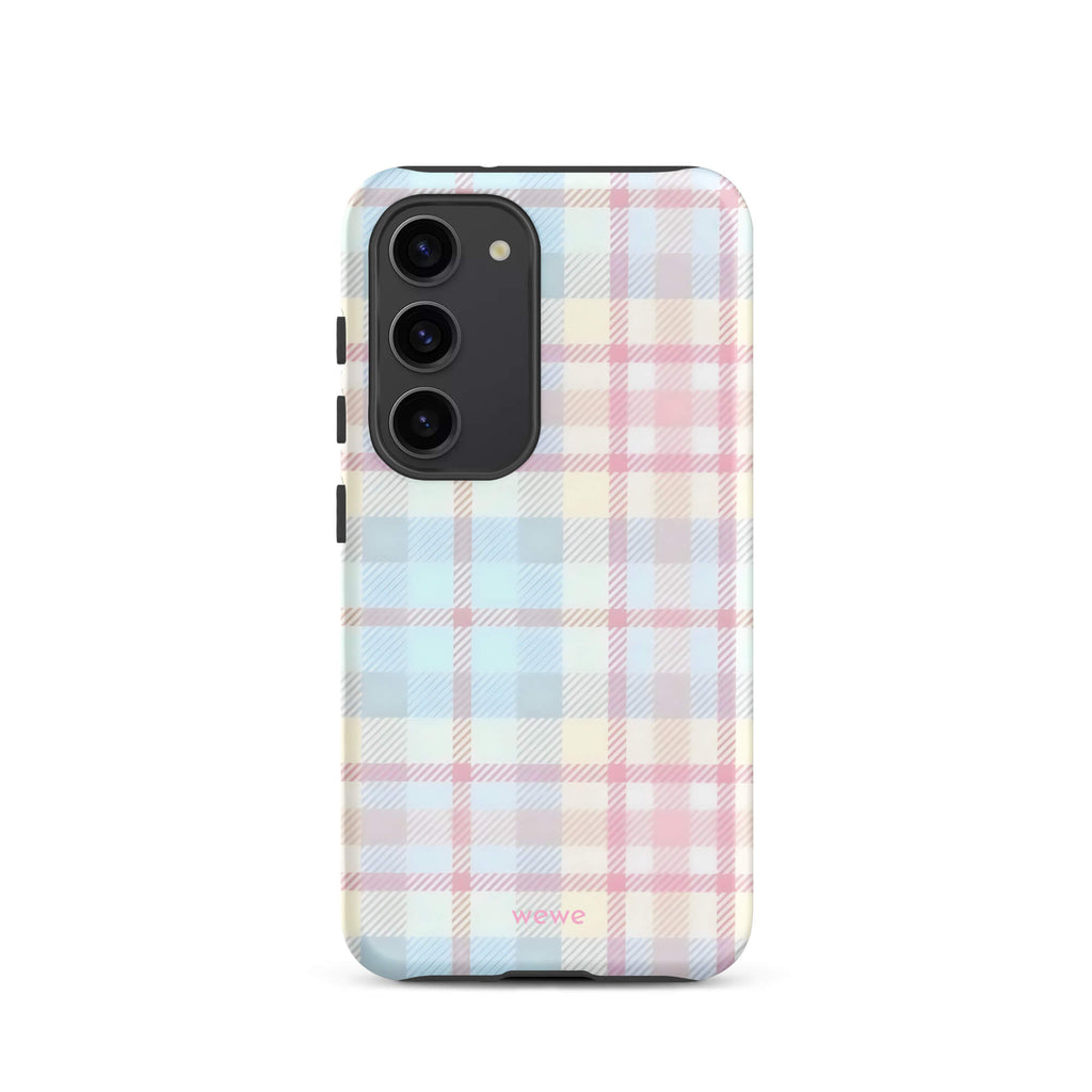 Custom samsung s23 Phone case with a fresh summer vibes, soft pastel plaid pattern in pink, blue, and yellow.
