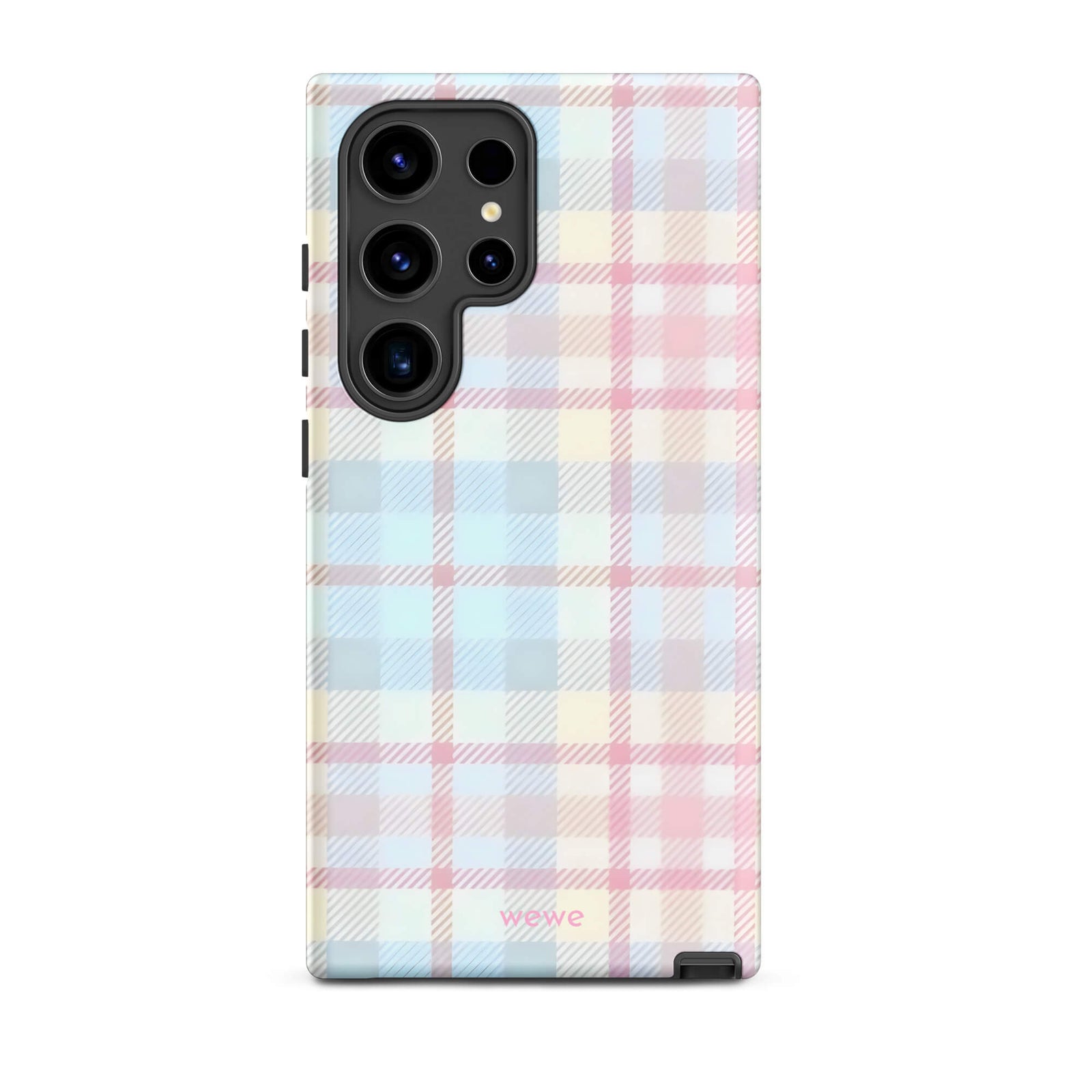 Custom samsung s24 ultra Phone case with a fresh summer vibes, soft pastel plaid pattern in pink, blue, and yellow.