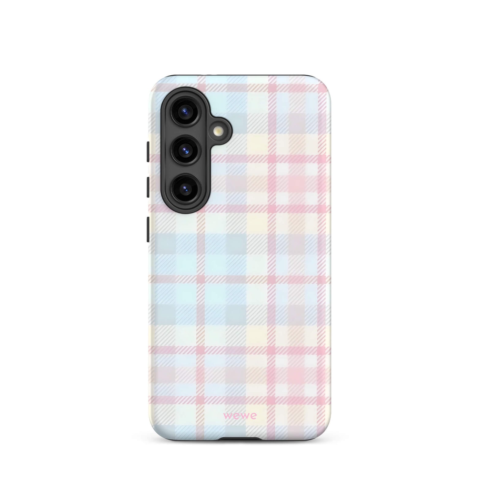 Custom samsung s24 Phone case with a fresh summer vibes, soft pastel plaid pattern in pink, blue, and yellow.