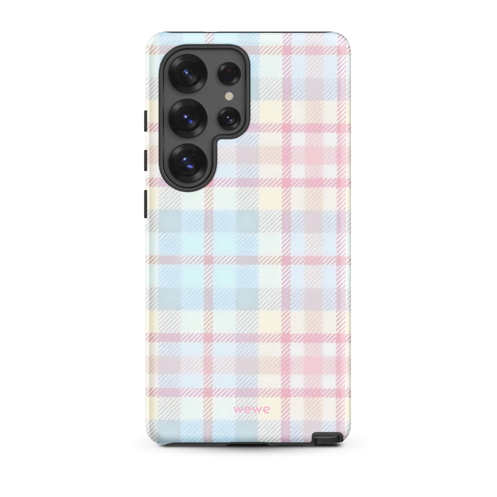 Custom samsung s25 ultra Phone case with a fresh summer vibes, soft pastel plaid pattern in pink, blue, and yellow.