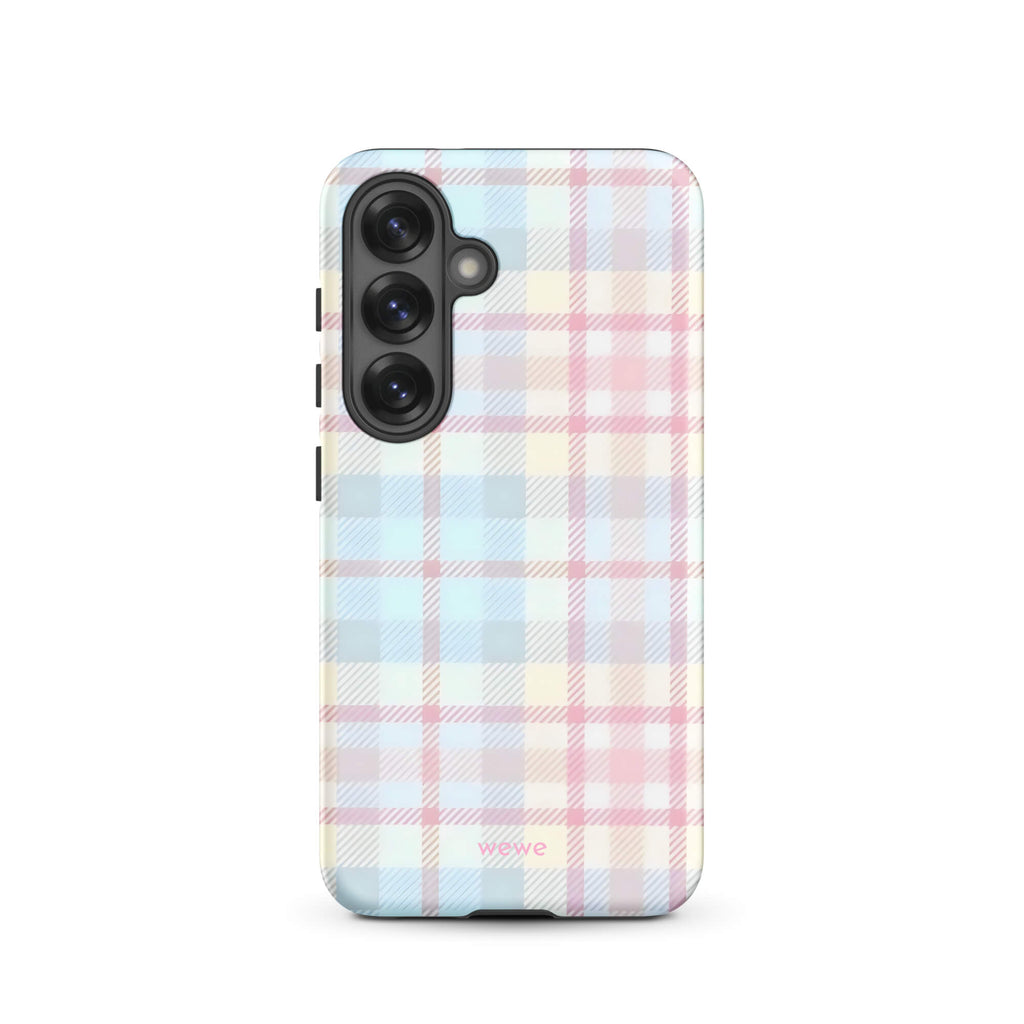 Custom samsung s25 Phone case with a fresh summer vibes, soft pastel plaid pattern in pink, blue, and yellow.