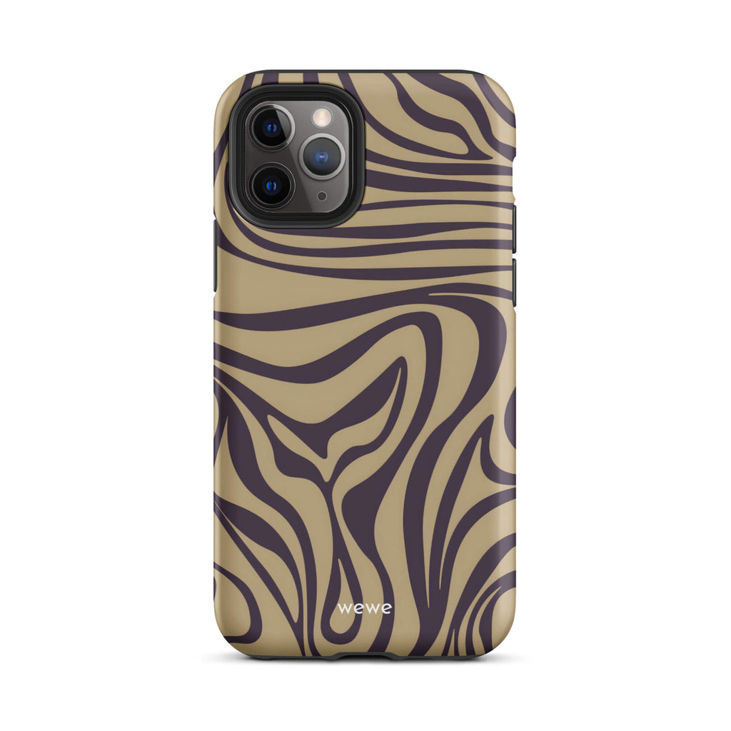 Custom iPhone case 11 pro with a brown and dark purple wavy zebra print pattern.