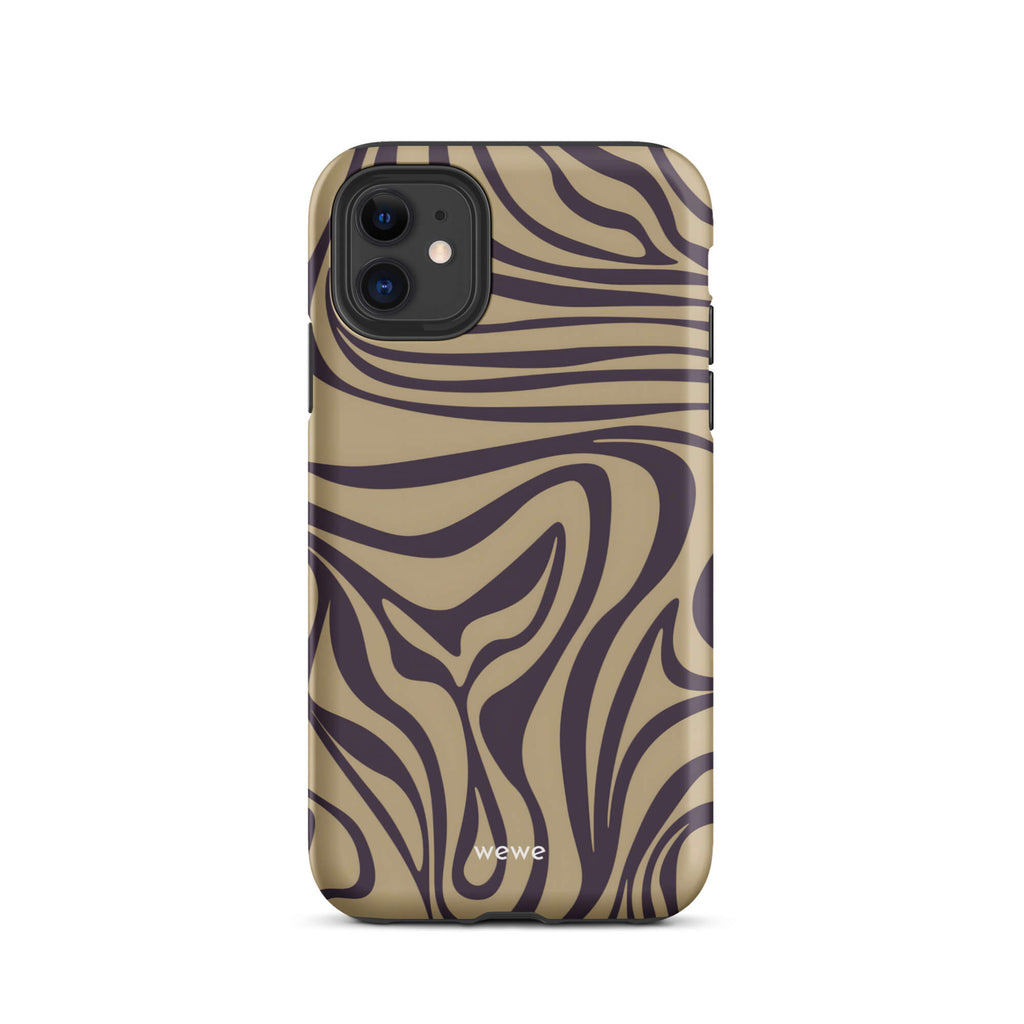 Custom iPhone case 11 with a brown and dark purple wavy zebra print pattern.
