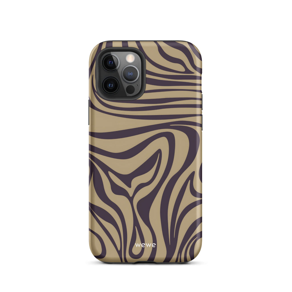Custom iPhone case 12 pro with a brown and dark purple wavy zebra print pattern.