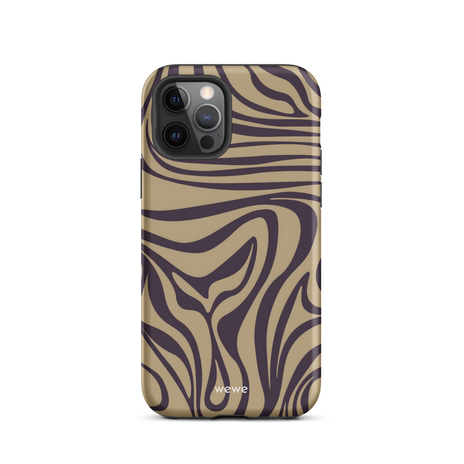 Custom iPhone case 12 pro with a brown and dark purple wavy zebra print pattern.