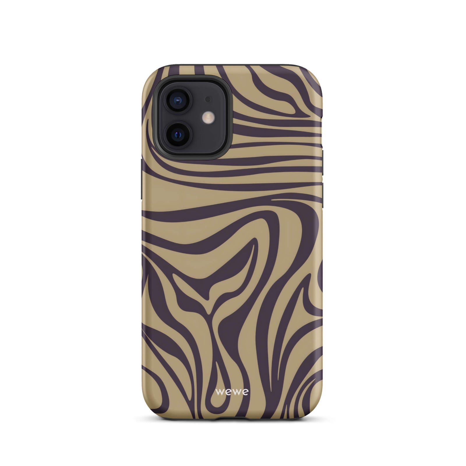 Custom iPhone case 12 with a brown and dark purple wavy zebra print pattern.