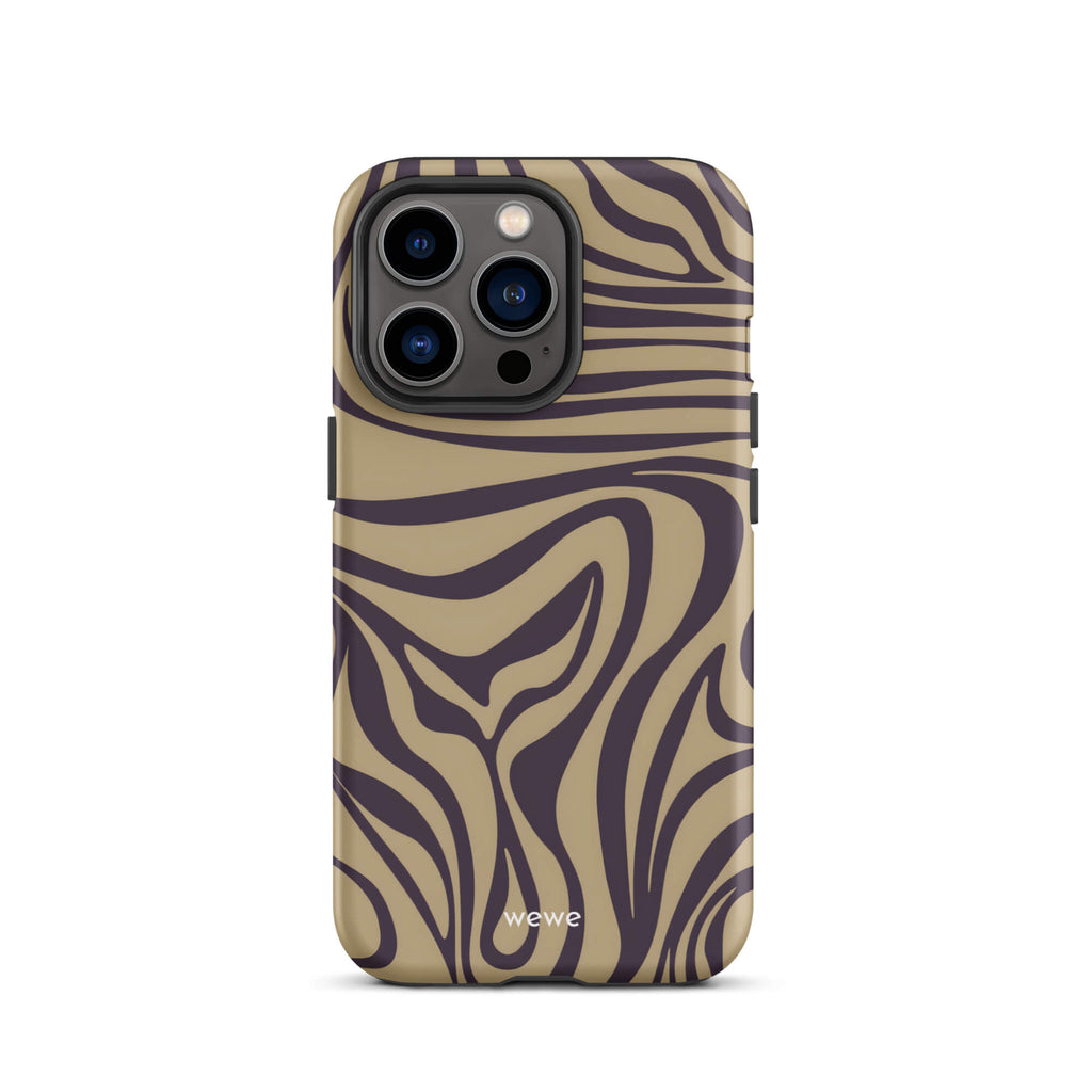 Custom iPhone case 13 pro with a brown and dark purple wavy zebra print pattern.