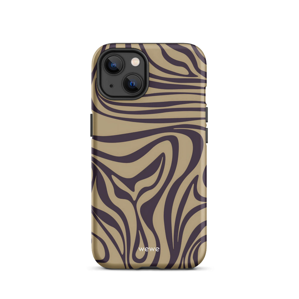 Custom iPhone case 13 with a brown and dark purple wavy zebra print pattern.
