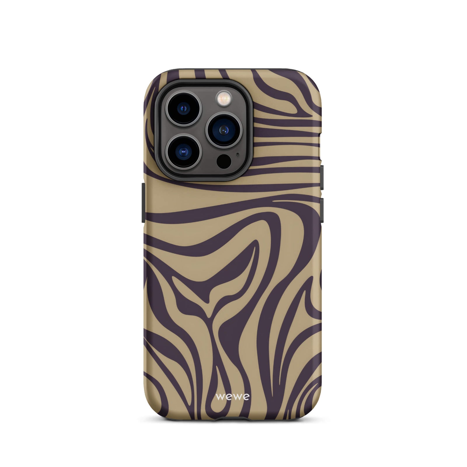 Custom iPhone case 14 pro with a brown and dark purple wavy zebra print pattern.