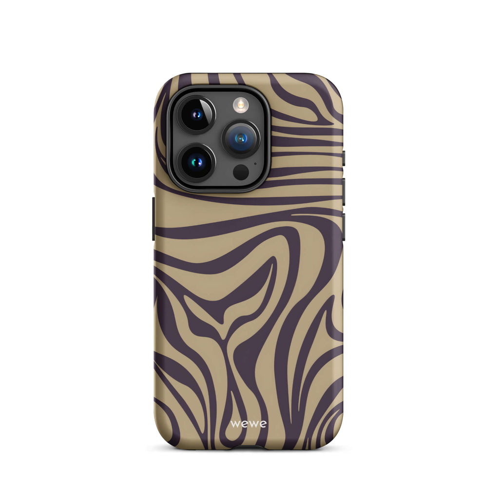 Custom iPhone case 15 pro with a brown and dark purple wavy zebra print pattern.