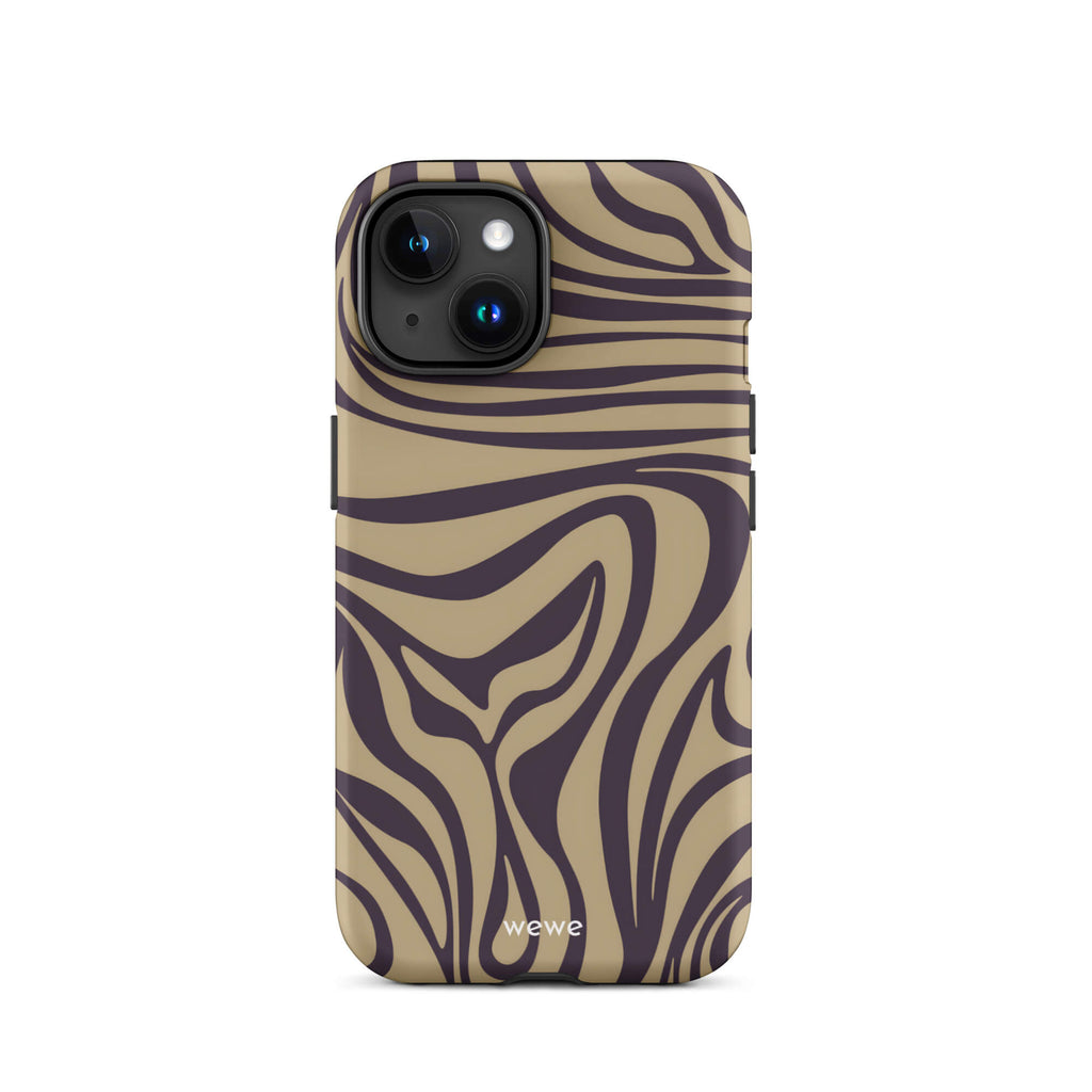 Custom iPhone case 15 with a brown and dark purple wavy zebra print pattern.
