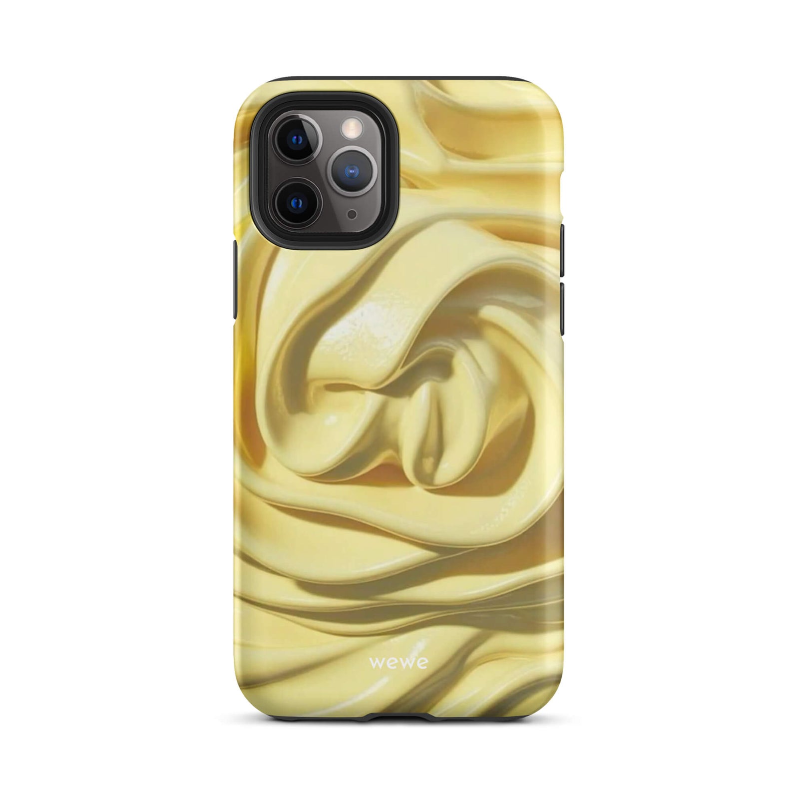 Custom iPhone case 11 pro with a close-up photo of a textured, glossy yellow frosting or thick cream with deep swirls and ridges.