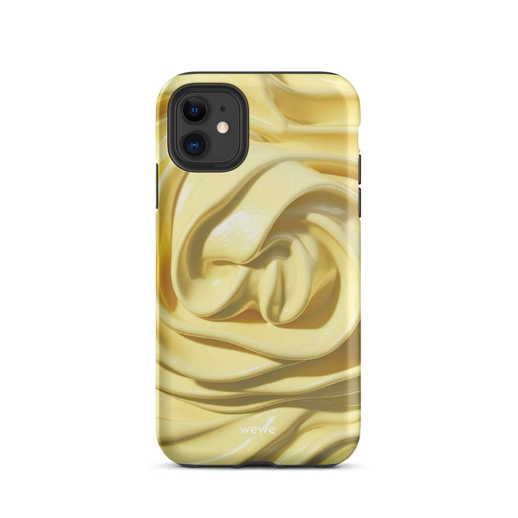 Custom iPhone case 11 with a close-up photo of a textured, glossy yellow frosting or thick cream with deep swirls and ridges.