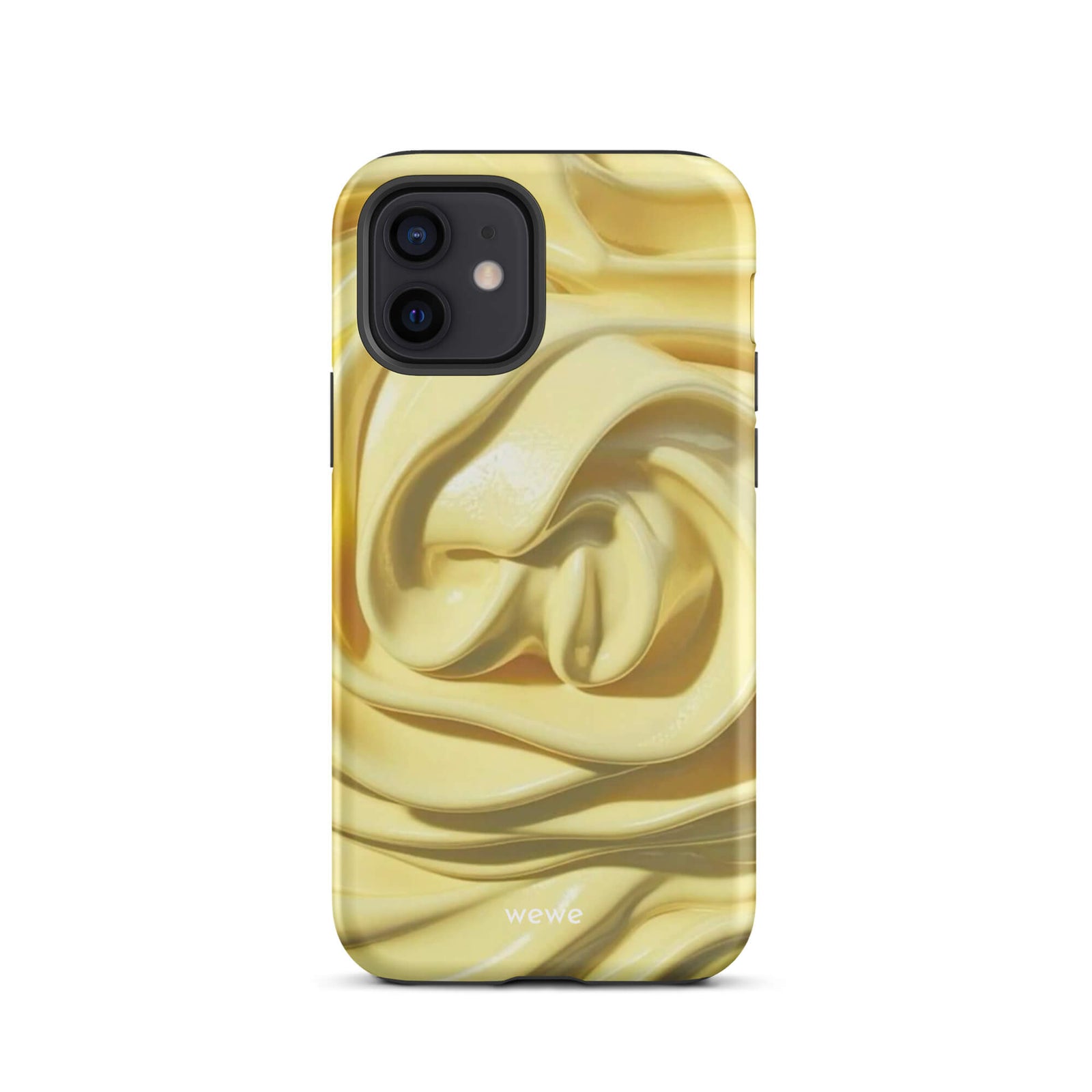 Custom iPhone case 12 with a close-up photo of a textured, glossy yellow frosting or thick cream with deep swirls and ridges.