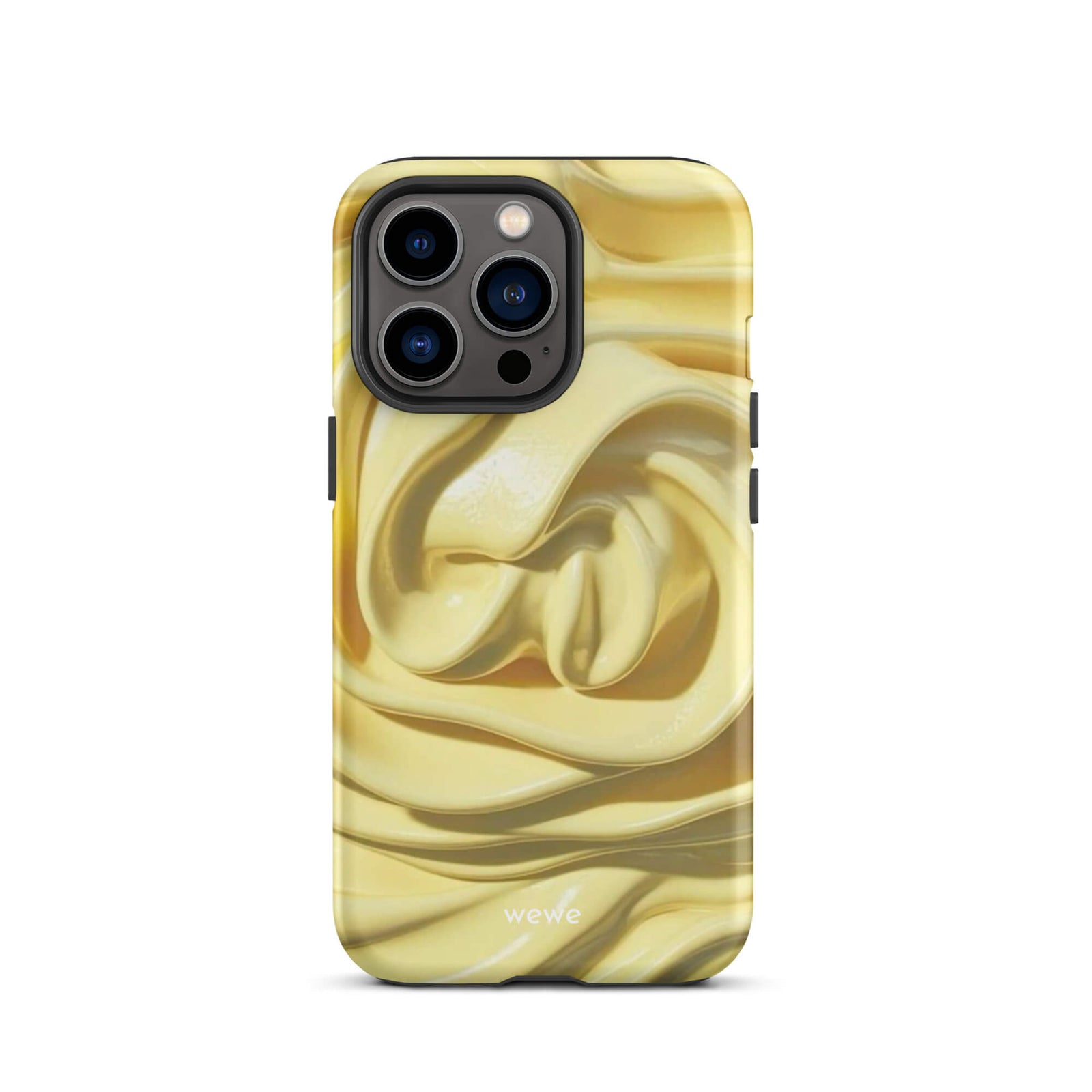 Custom iPhone case 13 pro with a close-up photo of a textured, glossy yellow frosting or thick cream with deep swirls and ridges.