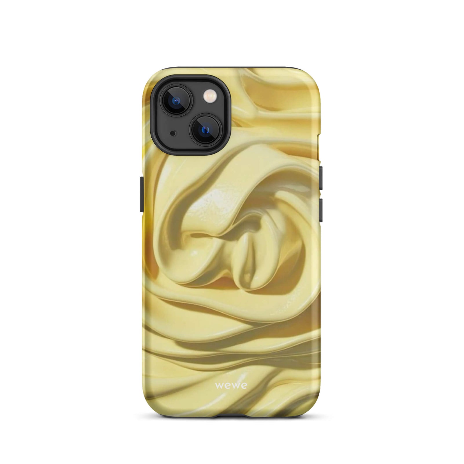 Custom iPhone case 13 with a close-up photo of a textured, glossy yellow frosting or thick cream with deep swirls and ridges.
