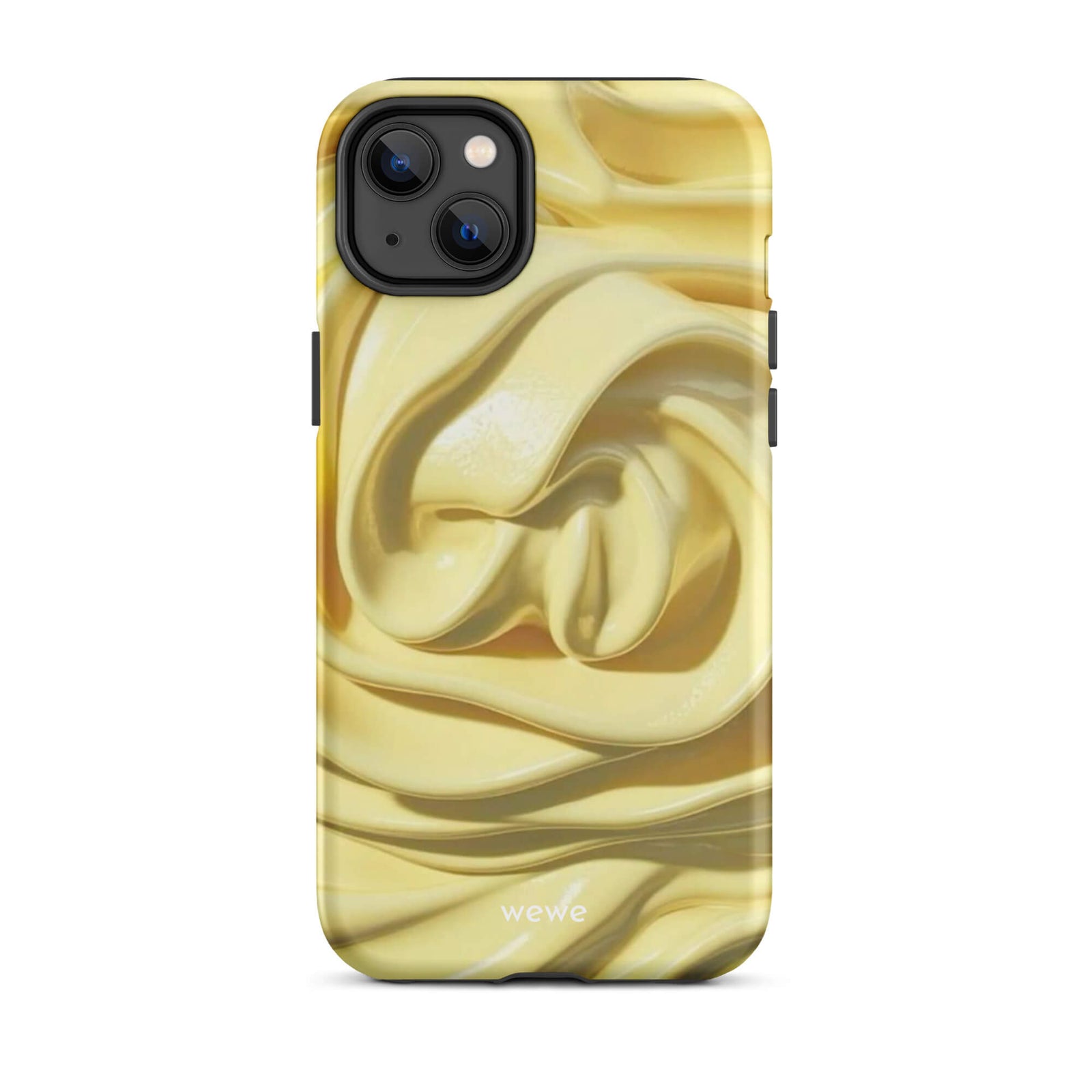 Custom iPhone case 14 pro with a close-up photo of a textured, glossy yellow frosting or thick cream with deep swirls and ridges.