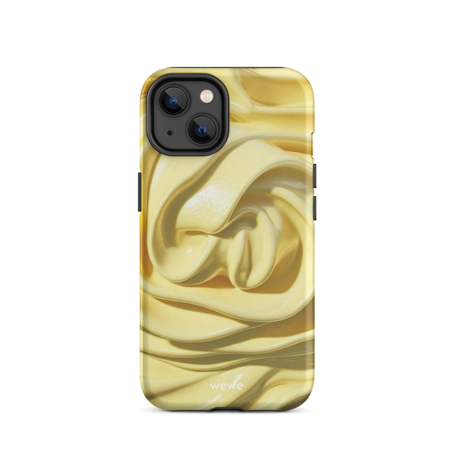 Custom iPhone case 14 with a close-up photo of a textured, glossy yellow frosting or thick cream with deep swirls and ridges.