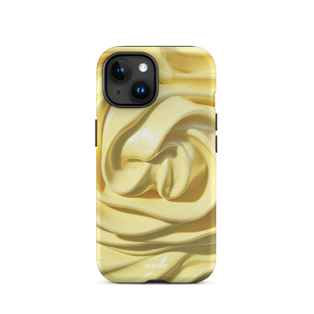 Custom iPhone case 15 with a close-up photo of a textured, glossy yellow frosting or thick cream with deep swirls and ridges.